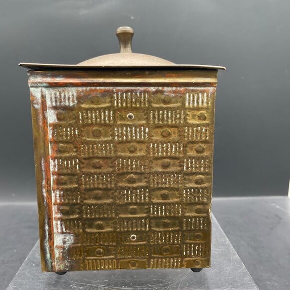 Antique Patterned Brass On Wood Metal Lined Tea Caddy w/ Countryside Image - Picture 5 of 11